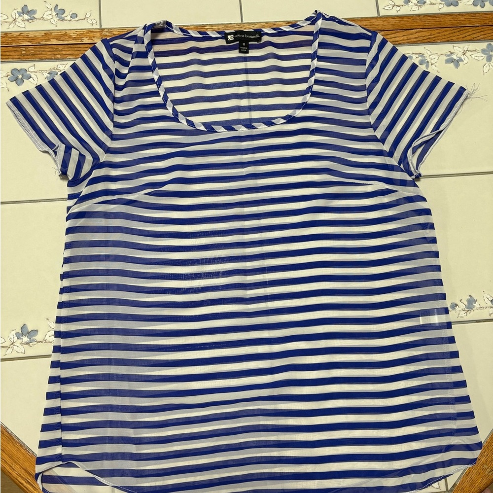 Valerie Bertinelli shear Navy and White Striped Tee